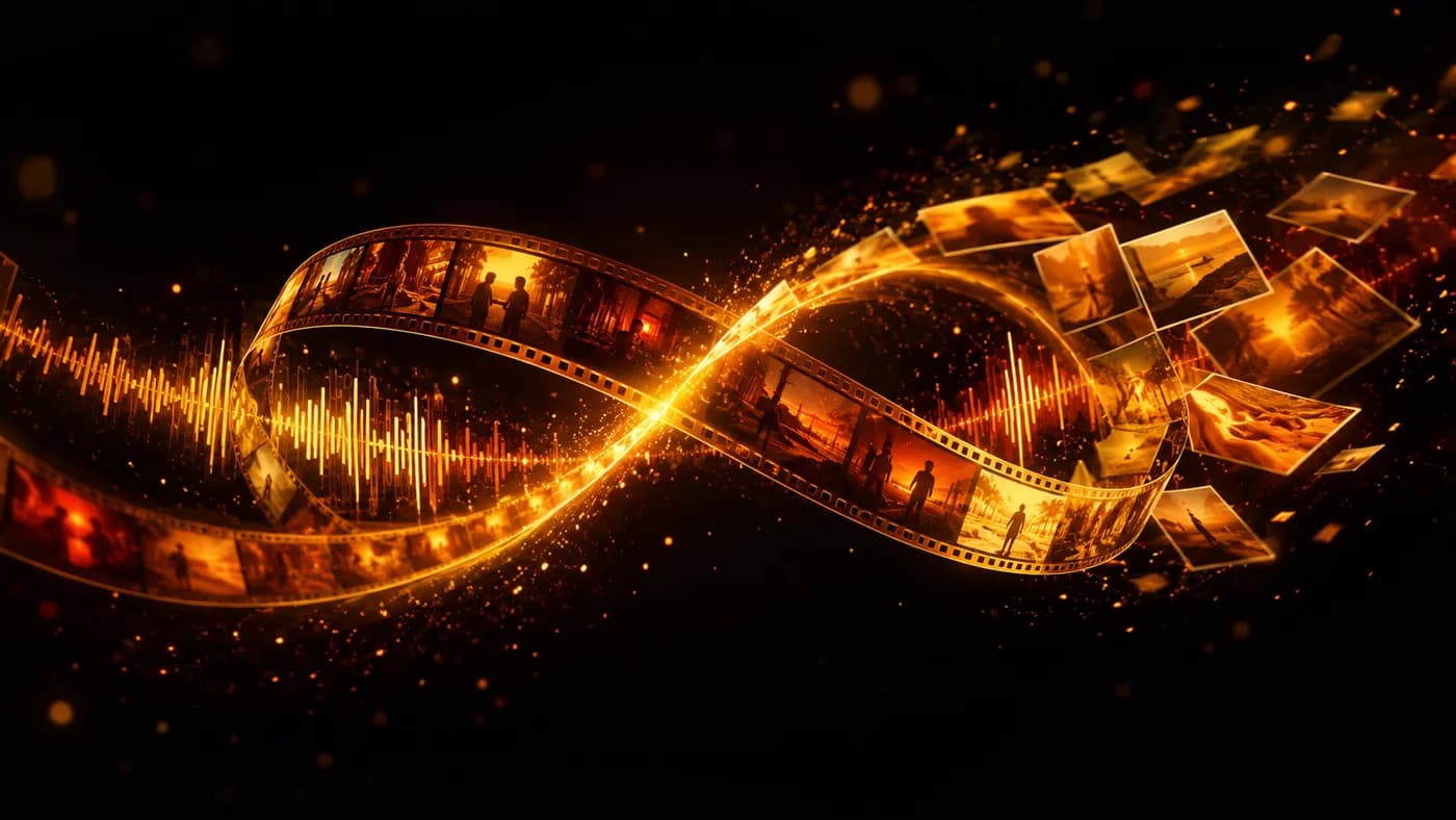 A filmstrip, a glowing audio waveform, and floating photographic stills braided together into one helix of light, illustrating one model learning video, audio, and images together