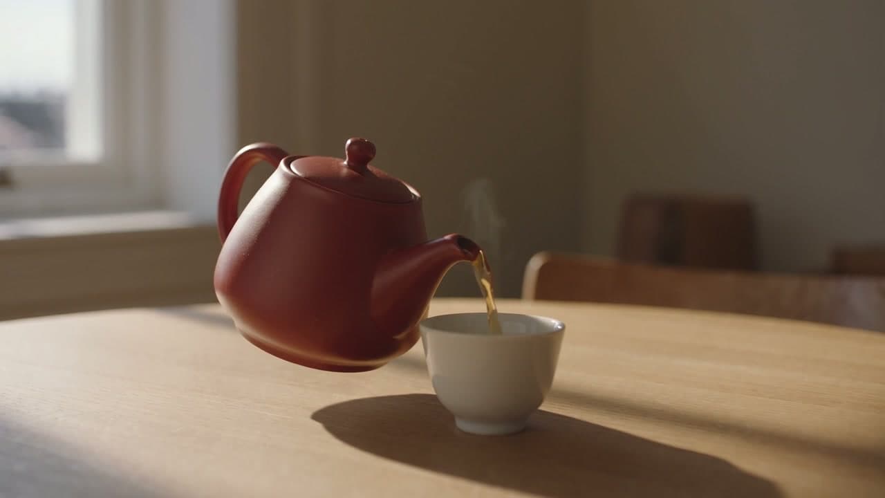 A teapot pours into a cup beside a window